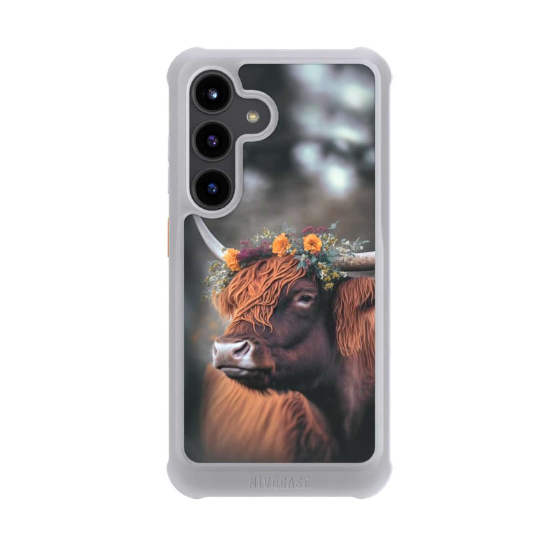 Galaxy S24 NIVOmax Vache des Highlands avec des fleurs avec IA