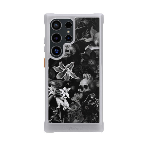 Samsung Galaxy S24 Ultra NIVOmax Totenköpfe und Blumen auf schwarzem Hintergrund