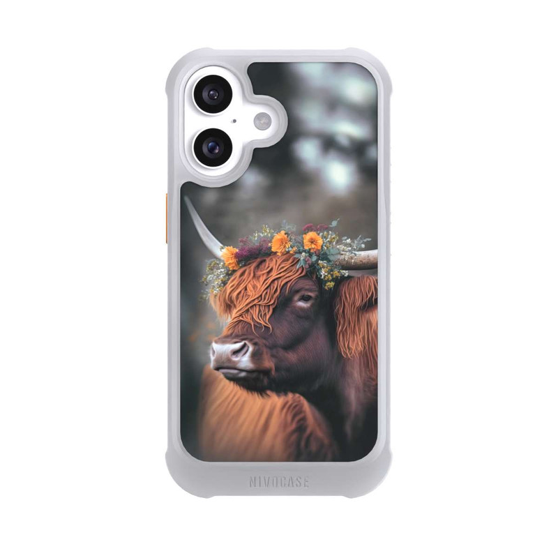 iPhone 16 NIVOmax Vache des Highlands avec des fleurs avec IA