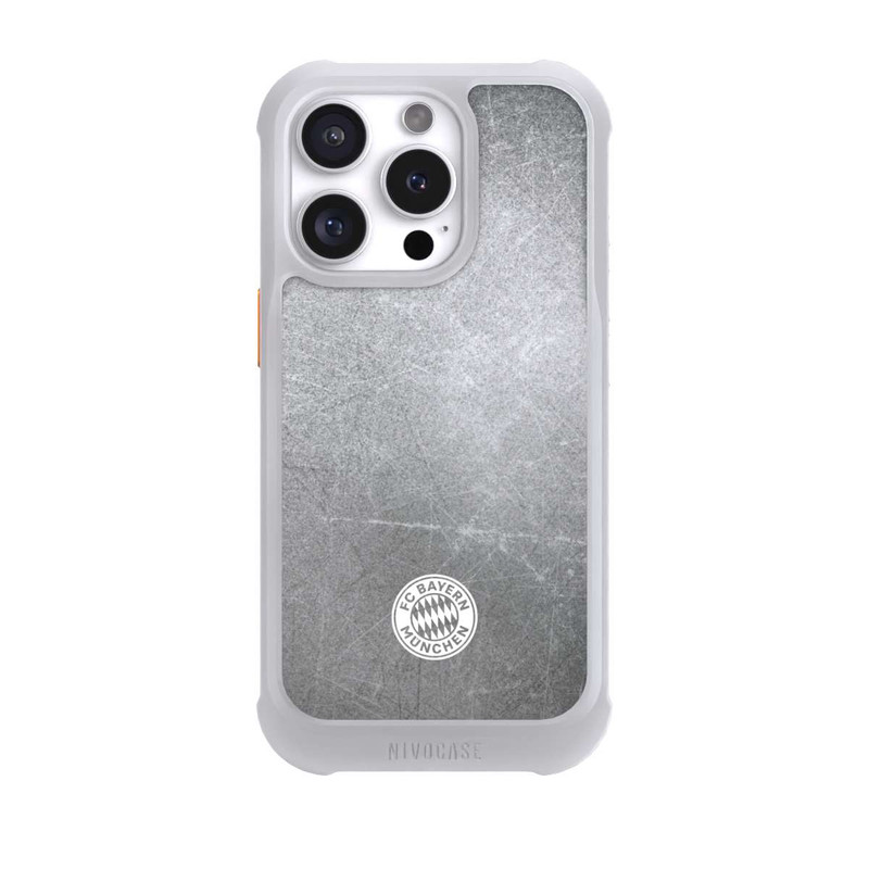 iPhone 16 Pro NIVOmax Logo FCB Classique Petit - Blanc sur Fond Métallique