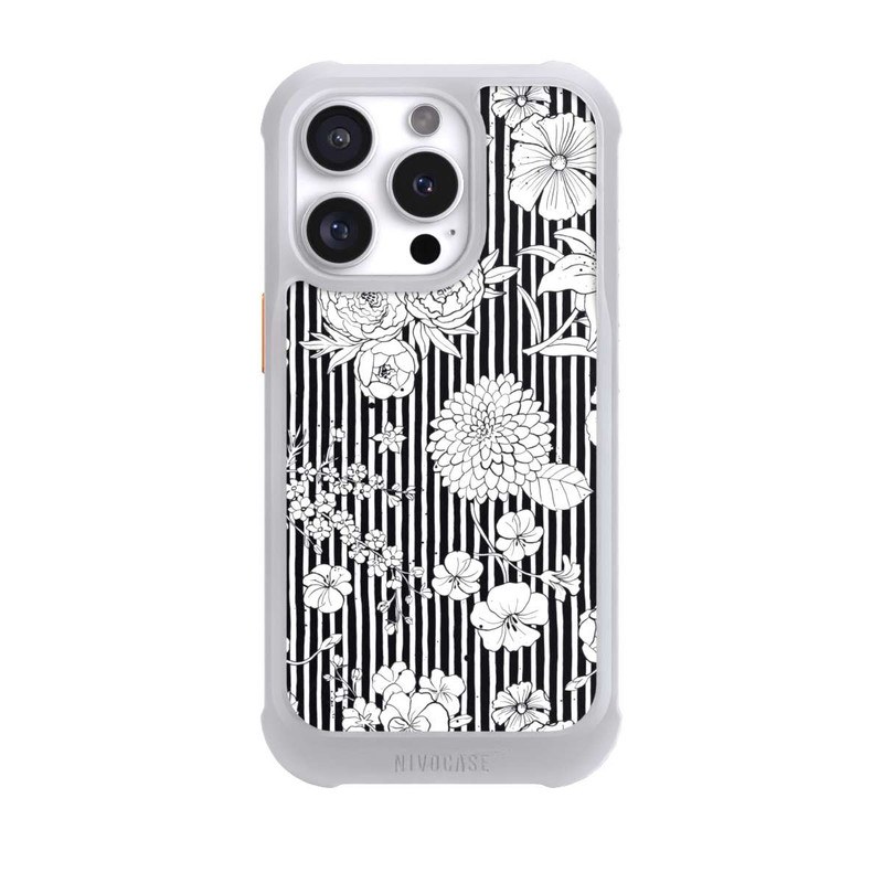 iPhone 16 Pro NIVOmax Blumen und Streifen Schwarz und Weiß