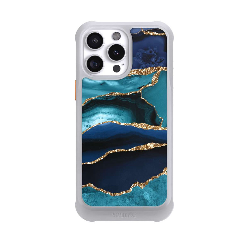 iPhone 16 Pro Max NIVOmax Aspect pailleté doré marbré bleu foncé et bleu clair