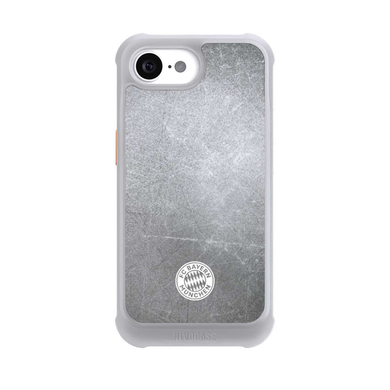 iPhone 16e NIVOmax Logo FCB Classique Petit - Blanc sur Fond Métallique