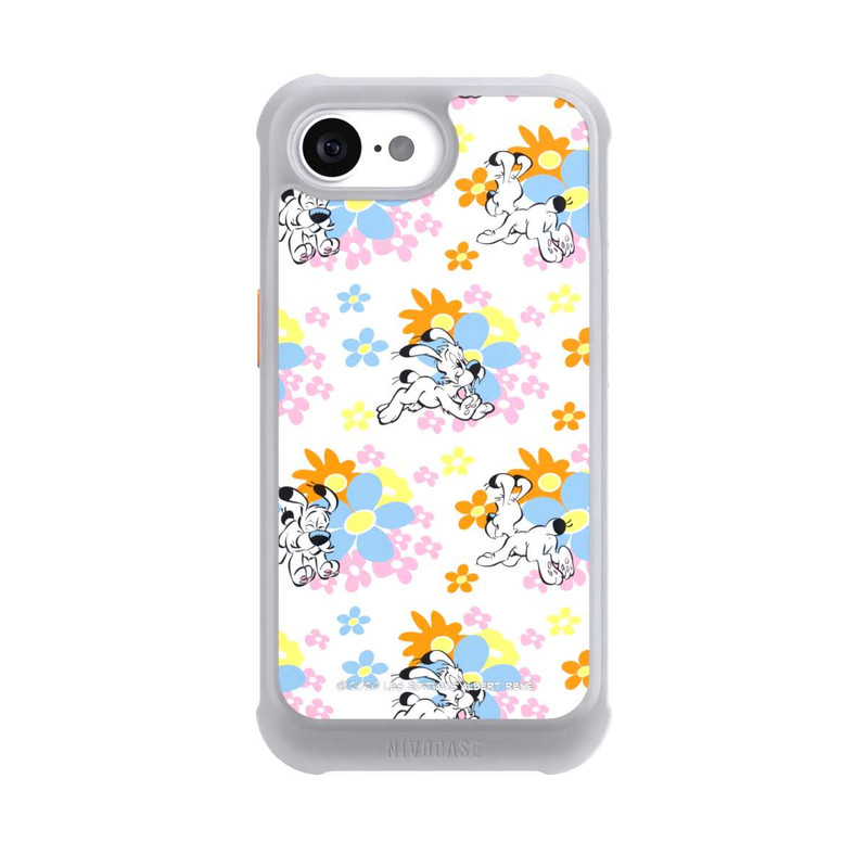 iPhone 16e NIVOmax Idéfix sur fleurs colorées