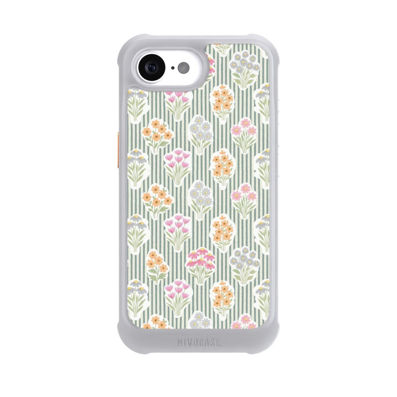 iPhone 16e NIVOmax Ditsy Flower Sticker Bouquets on Blue and Cream Pinstripes