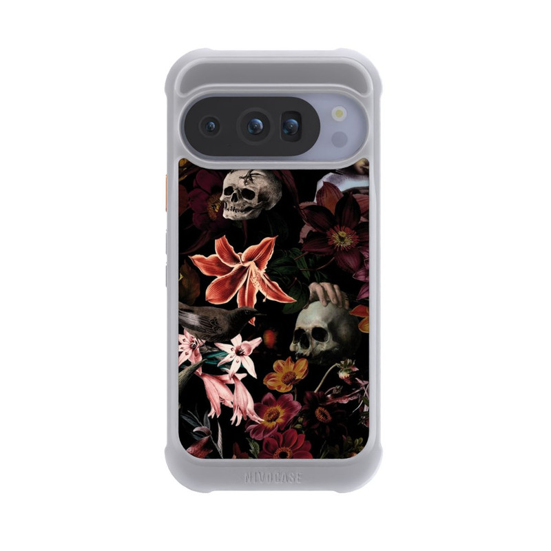 Pixel 10 Pro NIVOmax Totenköpfe und Blumen auf dunklem Hintergrund