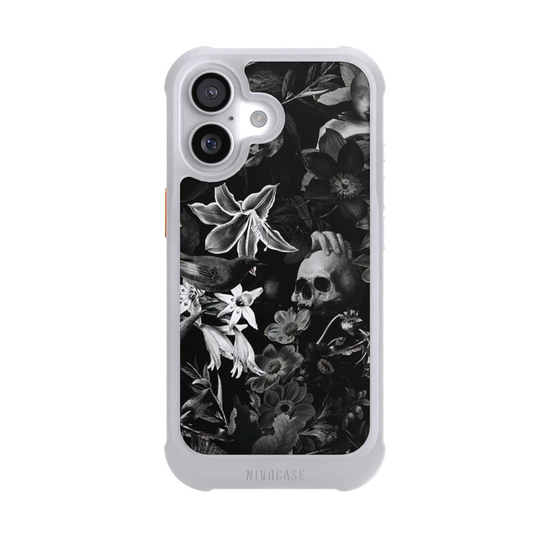 iPhone 17 NIVOmax Totenköpfe und Blumen auf schwarzem Hintergrund