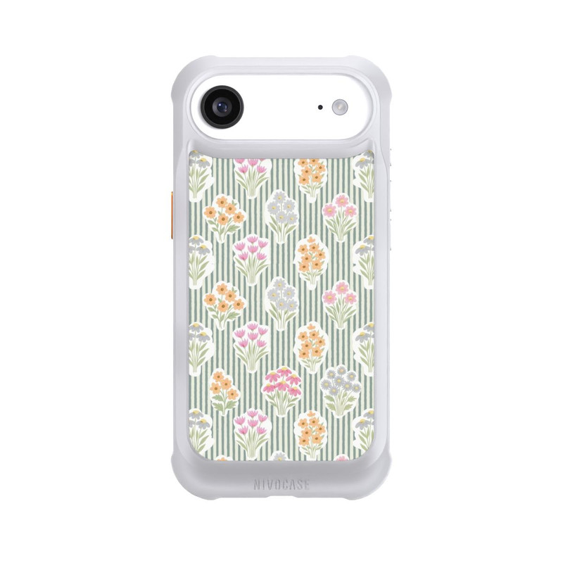 iPhone Air NIVOmax Ditsy Flower Sticker Bouquets on Blue and Cream Pinstripes
