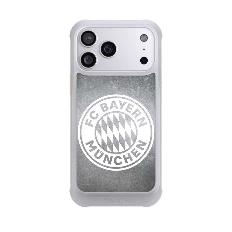 iPhone 17 Pro Max NIVOmax Logo FCB Classique Petit - Blanc sur Fond Métallique