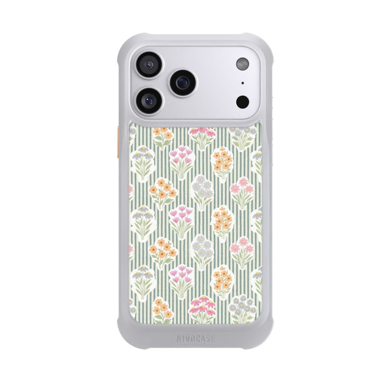 iPhone 17 Pro Max NIVOmax Ditsy Flower Sticker Bouquets on Blue and Cream Pinstripes