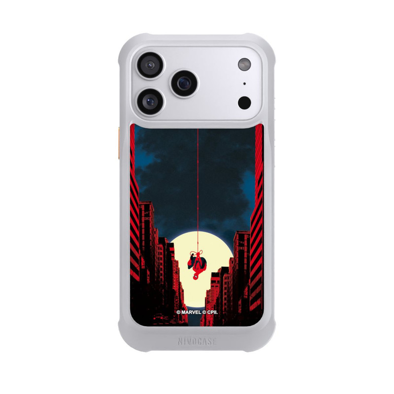 iPhone 17 Pro Max NIVOmax Spider-Man Marvel between Skyscrapers
