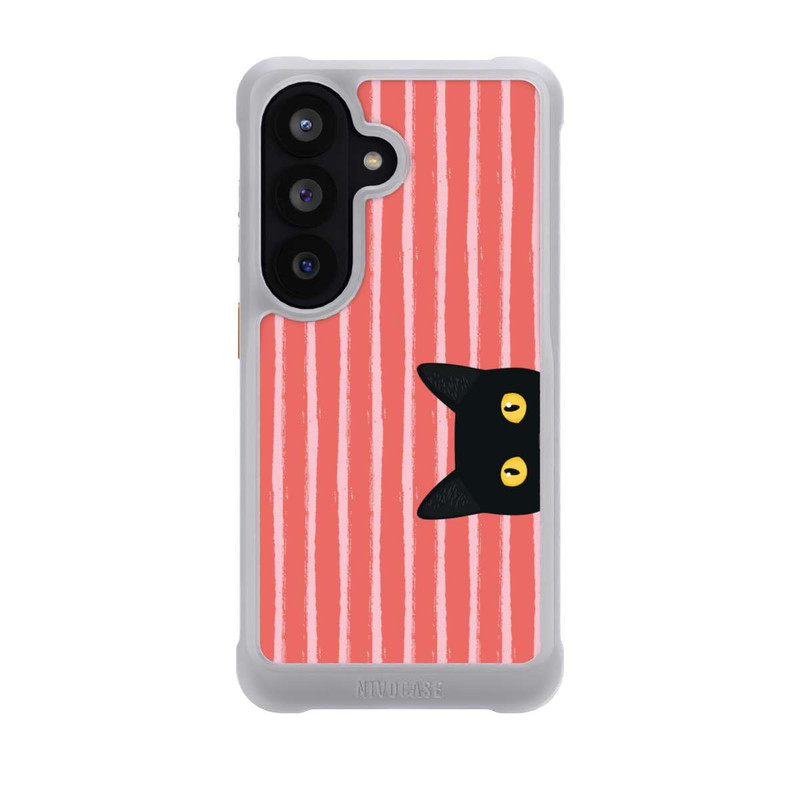 Galaxy S26 NIVOmax Chat noir sur fond rayé orange