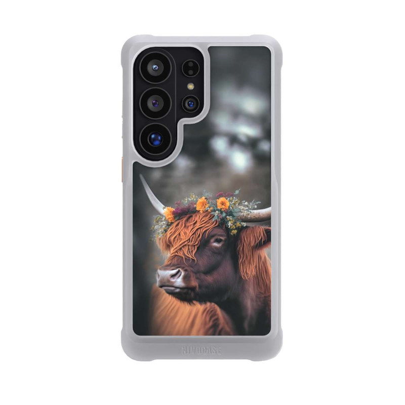 Galaxy S26 Ultra NIVOmax Vache des Highlands avec des fleurs avec IA