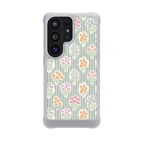 Samsung Galaxy S26 Ultra NIVOmax Ditsy Flower Sticker Bouquets on Blue and Cream Pinstripes