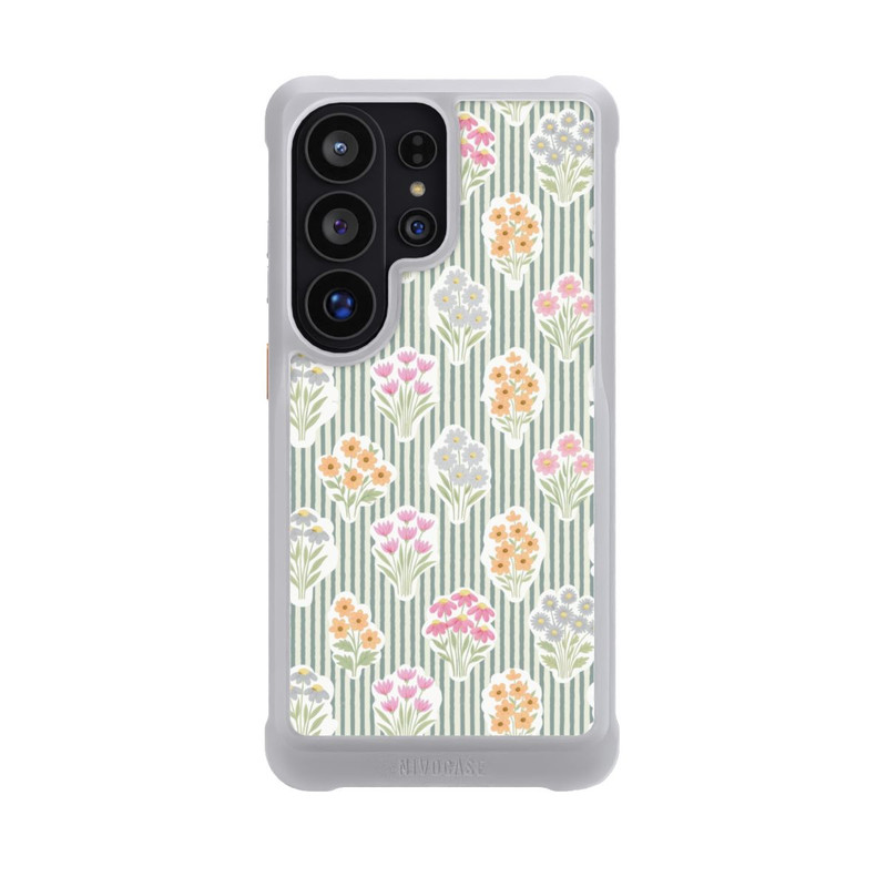 Galaxy S26 Ultra NIVOmax Ditsy Flower Sticker Bouquets on Blue and Cream Pinstripes
