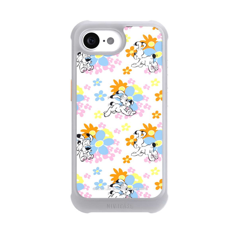 iPhone 17e NIVOmax Idéfix sur fleurs colorées
