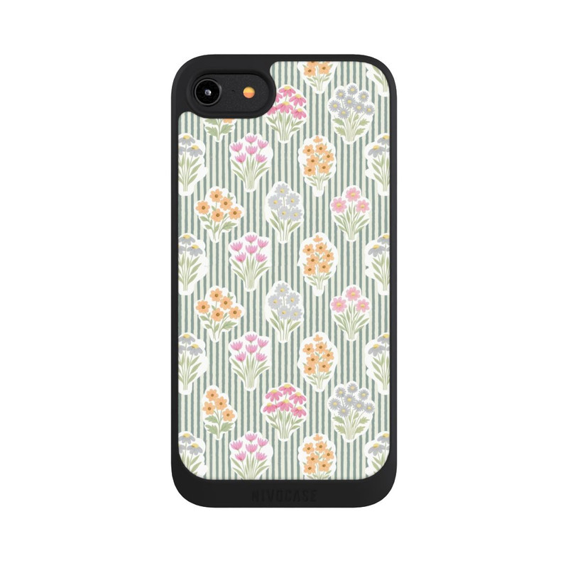 iPhone 8 NIVOpure Ditsy Flower Sticker Bouquets on Blue and Cream Pinstripes