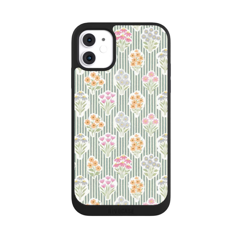 iPhone 11 NIVOpure Ditsy Flower Sticker Bouquets on Blue and Cream Pinstripes