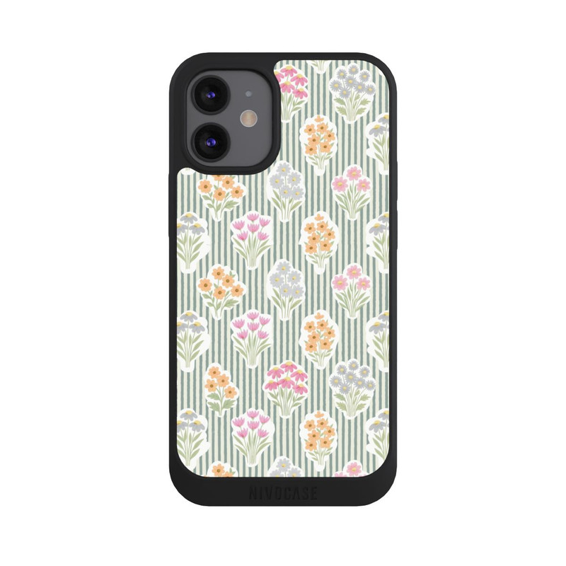 iPhone 12 mini NIVOpure Ditsy Flower Sticker Bouquets on Blue and Cream Pinstripes