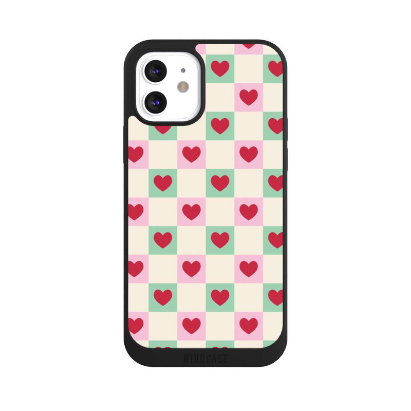 iPhone 12 NIVOpure Cœurs à Carreaux Rose et Vert Saint-Valentin