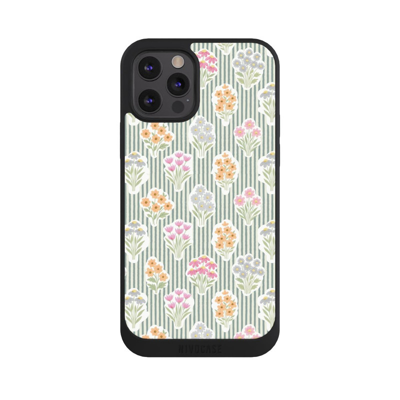 iPhone 12 Pro NIVOpure Ditsy Flower Sticker Bouquets on Blue and Cream Pinstripes