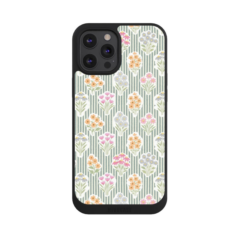 iPhone 12 Pro Max NIVOpure Ditsy Flower Sticker Bouquets on Blue and Cream Pinstripes