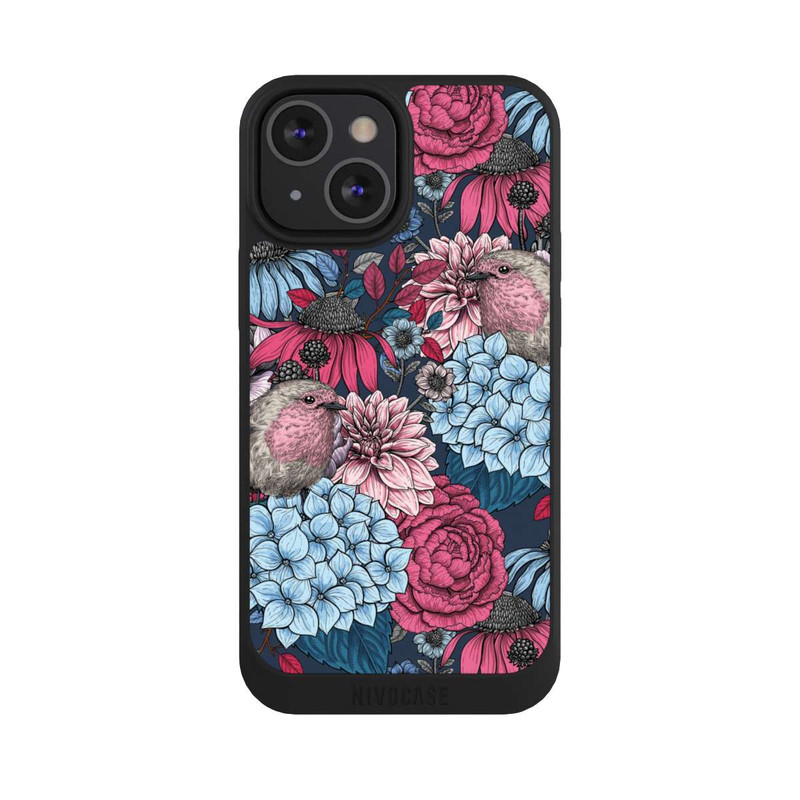 iPhone 13 Mini NIVOpure Vögel und Blumen Petrolrot