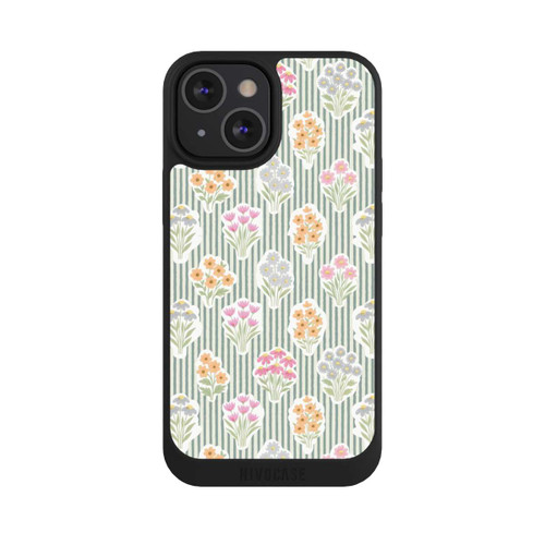 Apple iPhone 13 Mini NIVOpure Ditsy Flower Sticker Bouquets on Blue and Cream Pinstripes