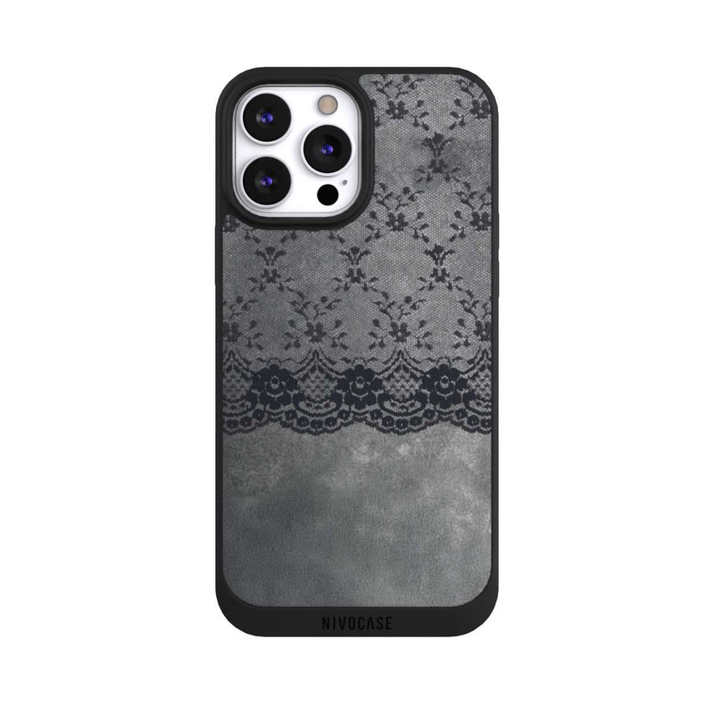 iPhone 13 Pro Max NIVOpure Schwarzes Spitzenmuster auf grauem Hintergrund