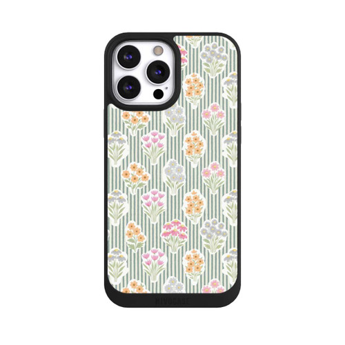 Apple iPhone 13 Pro Max NIVOpure Ditsy Flower Sticker Bouquets on Blue and Cream Pinstripes
