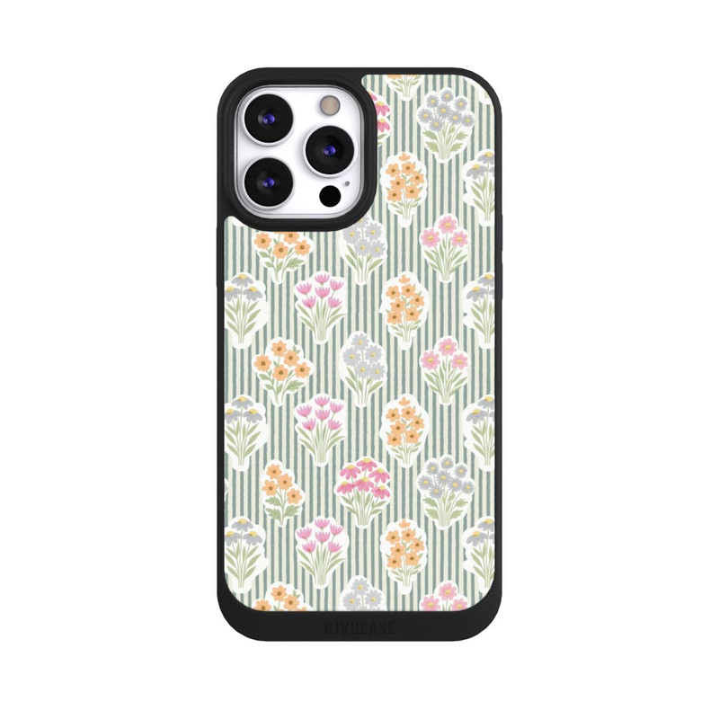 iPhone 13 Pro Max NIVOpure Ditsy Flower Sticker Bouquets on Blue and Cream Pinstripes