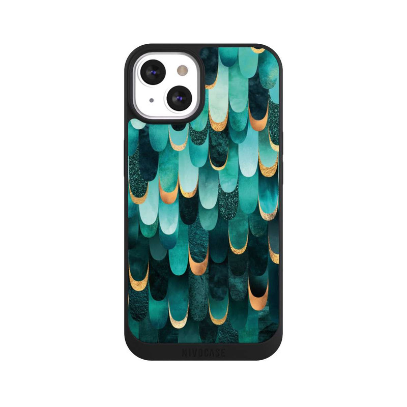 iPhone 13 NIVOpure Imprimé or turquoise à plumes