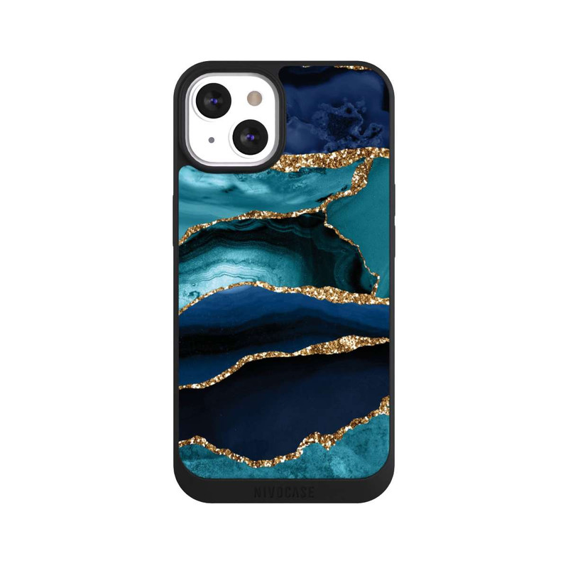 iPhone 13 NIVOpure Aspect pailleté doré marbré bleu foncé et bleu clair