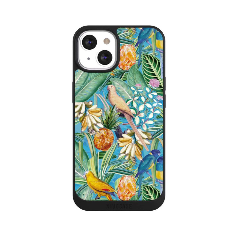 iPhone 13 NIVOpure Perroquets tropicaux sur papier peint bleu