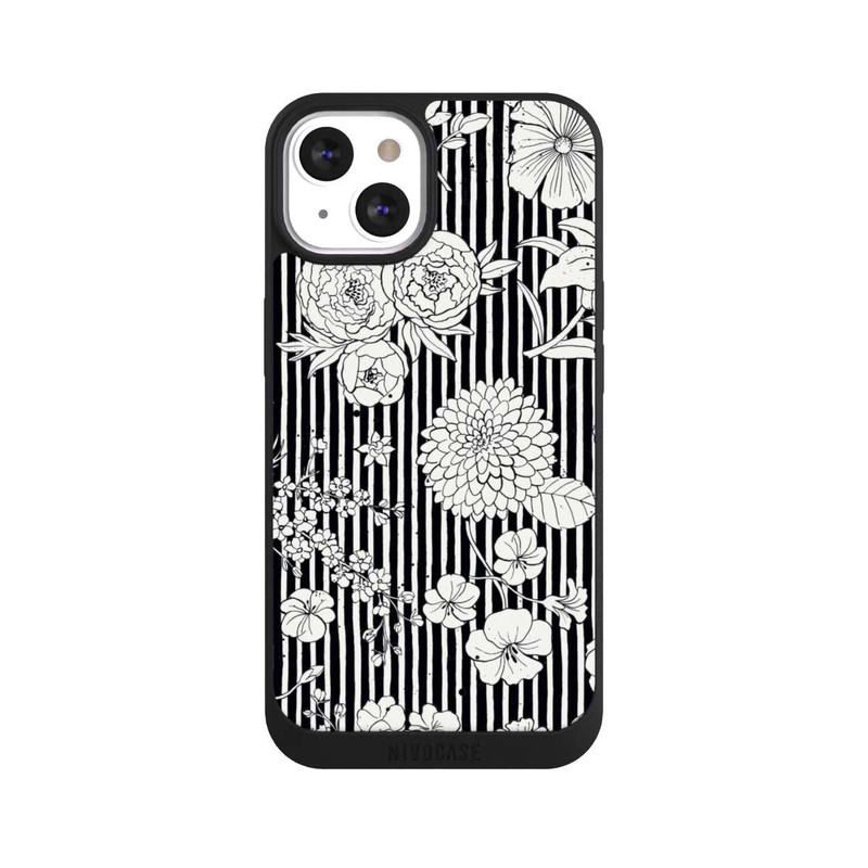 iPhone 13 NIVOpure Fleurs et rayures noir et blanc
