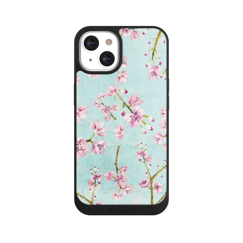 iPhone 13 NIVOpure Motif de brindilles de fleurs de cerisier bleu clair