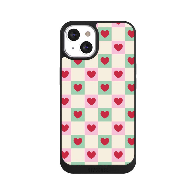 iPhone 13 NIVOpure Cœurs à Carreaux Rose et Vert Saint-Valentin