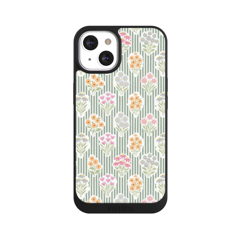iPhone 13 NIVOpure Ditsy Flower Sticker Bouquets on Blue and Cream Pinstripes