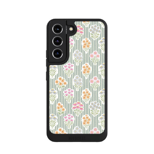 Samsung Galaxy S22 NIVOpure Ditsy Flower Sticker Bouquets on Blue and Cream Pinstripes