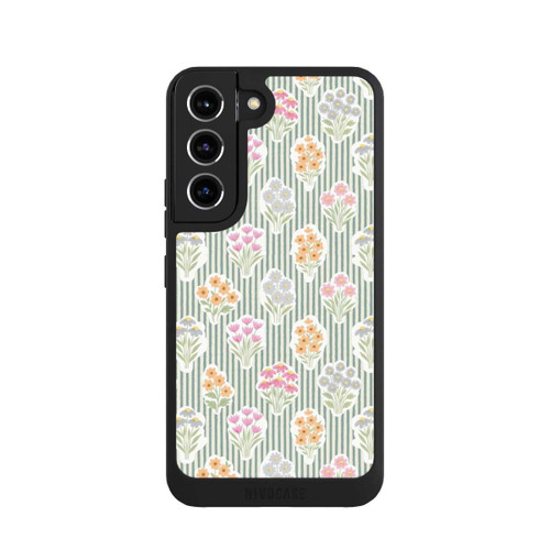 Samsung Galaxy S22 NIVOpure Ditsy Flower Sticker Bouquets on Blue and Cream Pinstripes