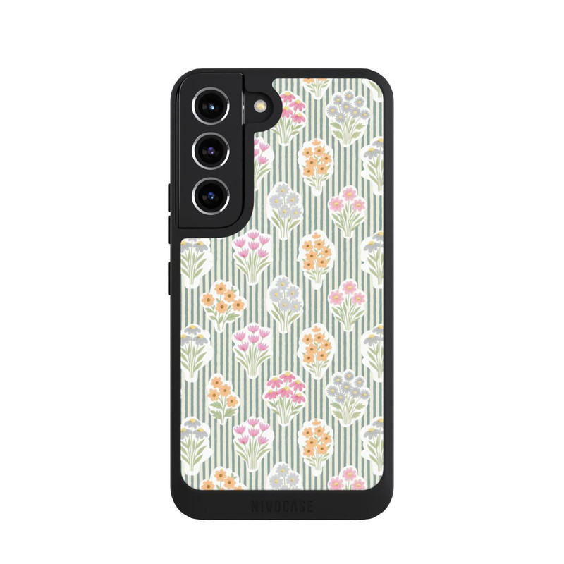 Galaxy S22 NIVOpure Ditsy Flower Sticker Bouquets on Blue and Cream Pinstripes