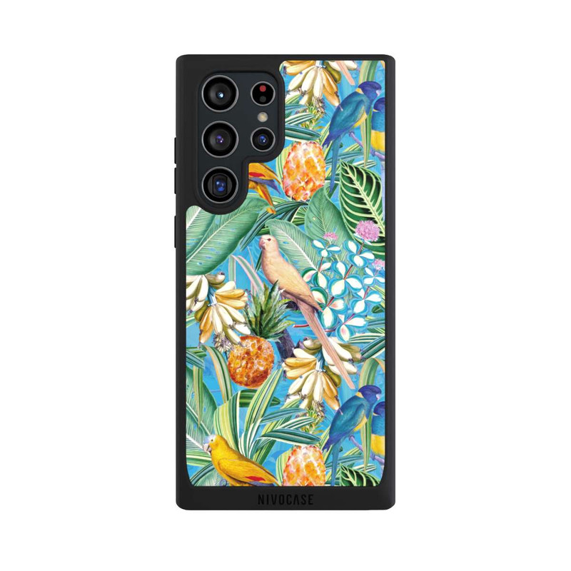 Galaxy S22 Ultra NIVOpure Tropical Parrots on Blue Wallpaper