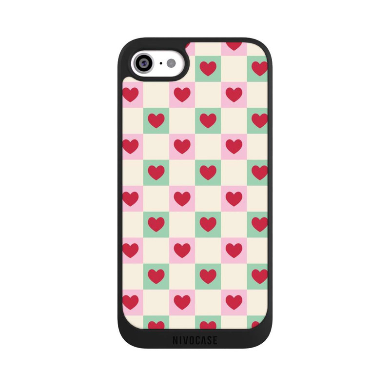 iPhone SE 2022 NIVOpure Cœurs à Carreaux Rose et Vert Saint-Valentin