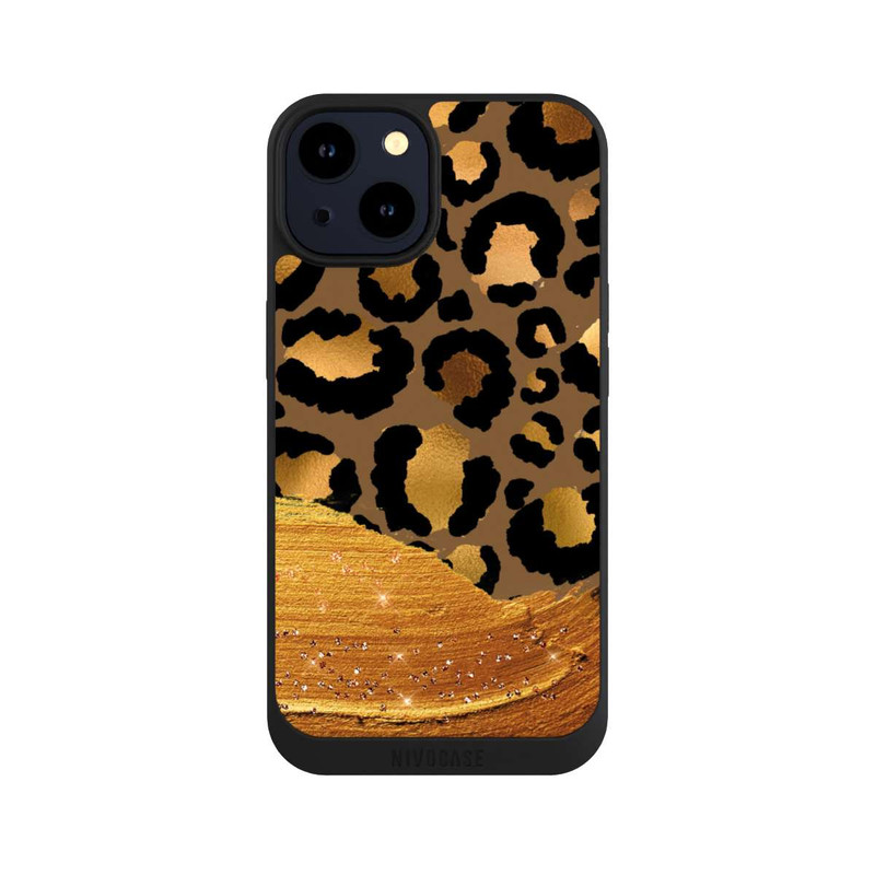 iPhone 14 NIVOpure Dunkelgoldener Leoparden Glitzerlook