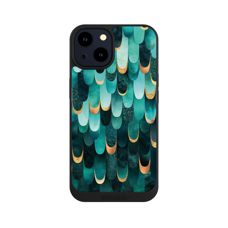 iPhone 14 NIVOpure Imprimé or turquoise à plumes