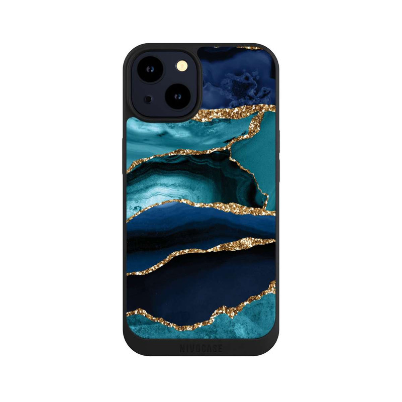 iPhone 14 NIVOpure Dark and Light Blue Marble Gold Glitter Look