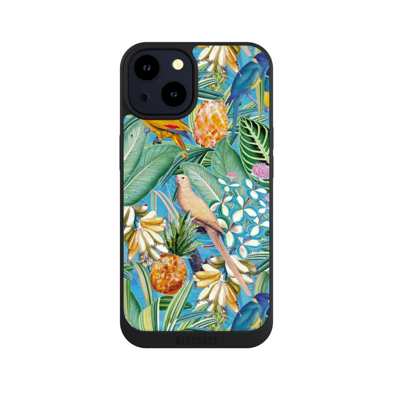 iPhone 14 NIVOpure Perroquets tropicaux sur papier peint bleu