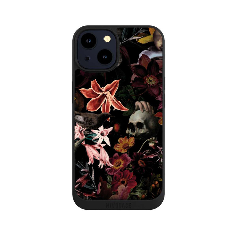 iPhone 14 NIVOpure Totenköpfe und Blumen auf dunklem Hintergrund