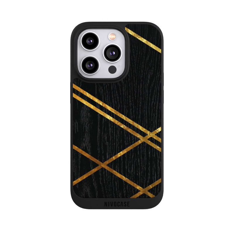 iPhone 14 Pro NIVOpure Noir Motif géométrique Rayures dorées