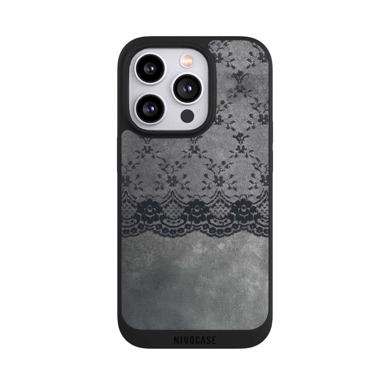 iPhone 14 Pro NIVOpure Motif de Dentelle Noire sur fond gris